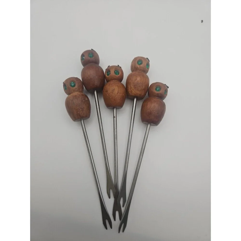 7 Brown Silver Wooden Mouse Holder Appetizer Forks Set Midcentury